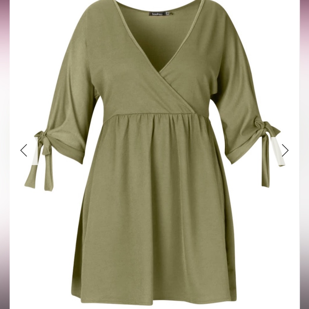 Women’s Olive Wrap-Front Tie-Sleeve Dress